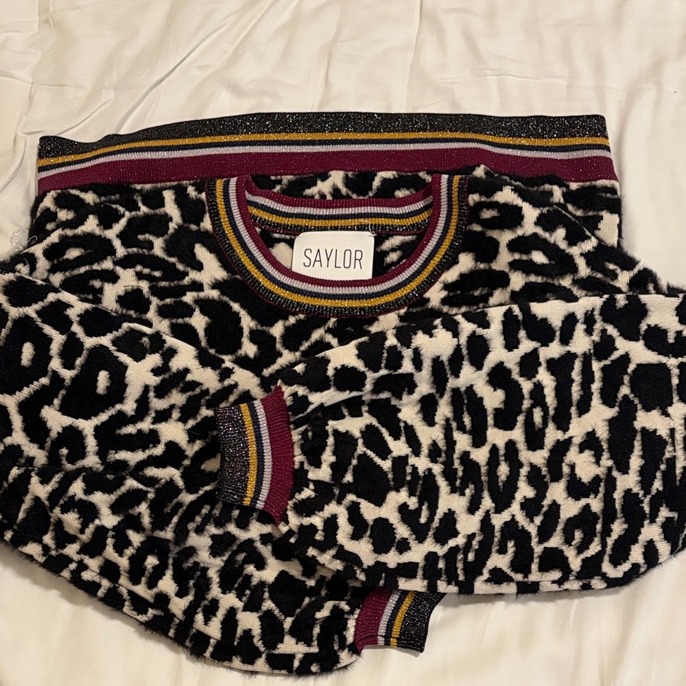 SAYLOR Black and White Animal Print Sweater with Stripes